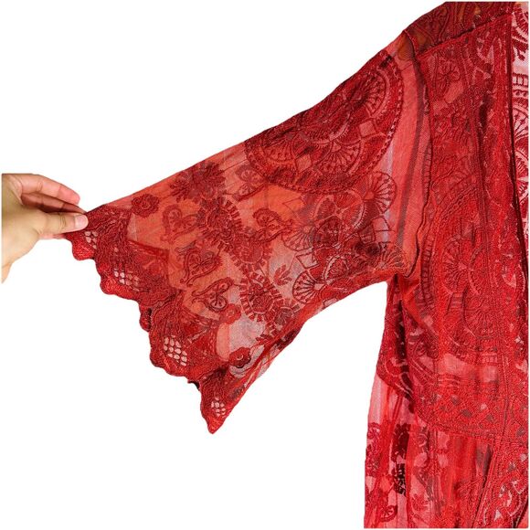 Vivid Collection Open Cardigan SZ M Red Crochet Lace Short Sleeve Top Boho Fall - Picture 11 of 15